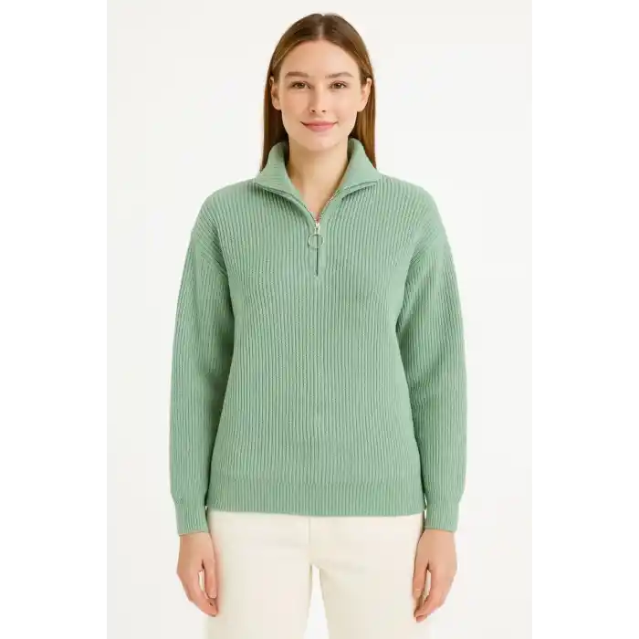 KADIN Yarım Fermuarlı Triko Kazak – Selanik Örgü, Dik Yaka, Pamuklu Dokuma, Oversize Uzun Kollu Kışlık Model - Mint Yeşili