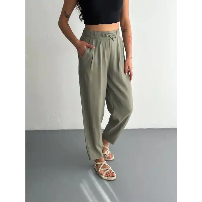 Kadın Yüksel Bel Beli Bağcıklı Cepli Rahat Paça Pantalon - Su Yeşili