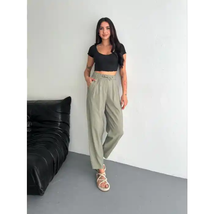 Kadın Yüksel Bel Beli Bağcıklı Cepli Rahat Paça Pantalon - Su Yeşili