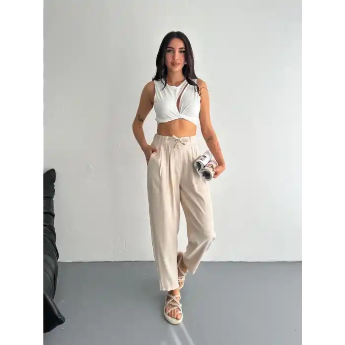 Kadın Yüksel Bel Beli Bağcıklı Rahat Boru Paça Pantalon - Kırık Beyaz