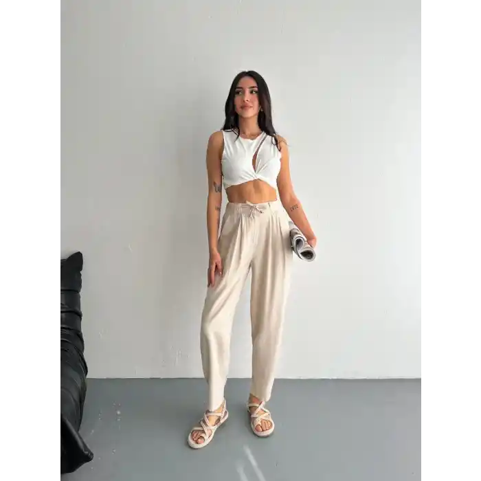 Kadın Yüksel Bel Beli Bağcıklı Rahat Boru Paça Pantalon - Kırık Beyaz