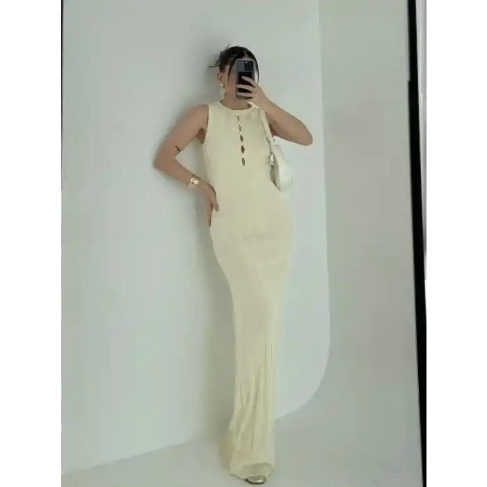 Kalın Fitilli Uzun Triko Elbise - Kırık Beyaz