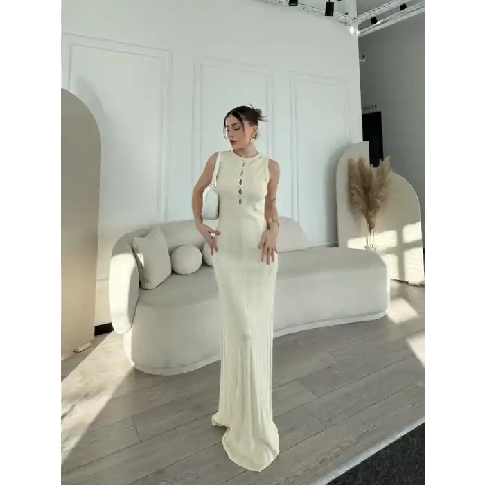 Kalın Fitilli Uzun Triko Elbise - Kırık Beyaz