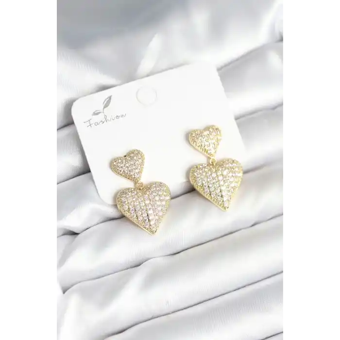 Kalp Model Zirkon Taşlı Gold Renk Pirinç Kadın Küpe