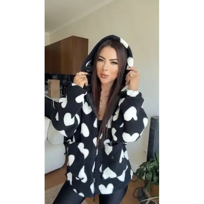 Kalpli peluş ceket içi astarlı siyahbeyaz