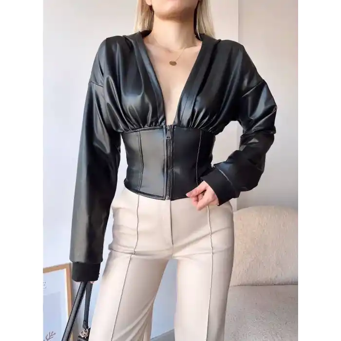 Kapşonlu yarım fermuarlı ceket siyah h24116