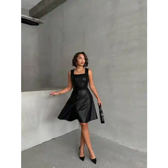 Kare yaka deri elbise siyah h24442