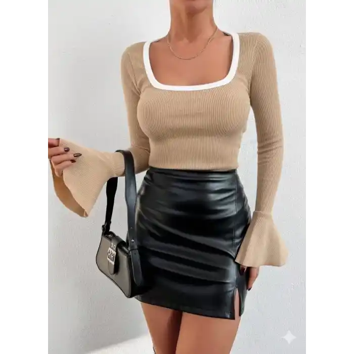 Kare yaka garni detay ispanyol kol bluz bej a3105