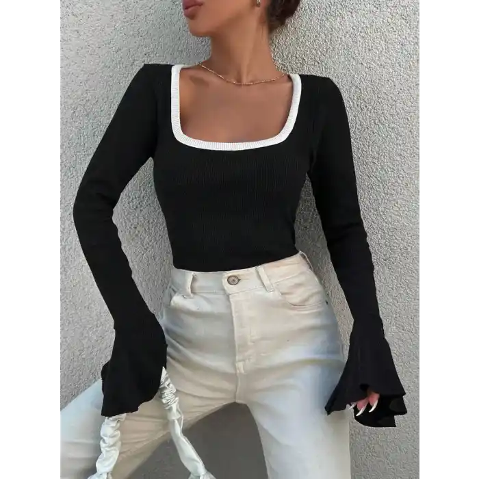 Kare yaka garni detay ispanyol kol bluz siyah a3105