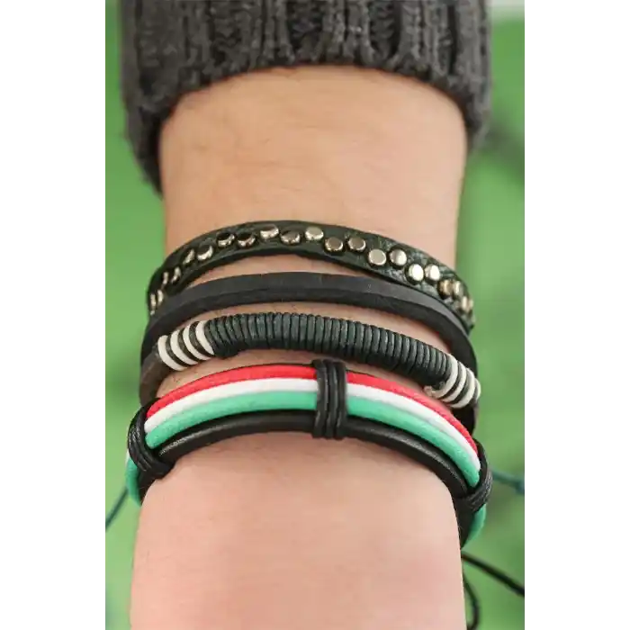 Karışık Renkli Çoklu Deri Erkek Bileklik Kombin