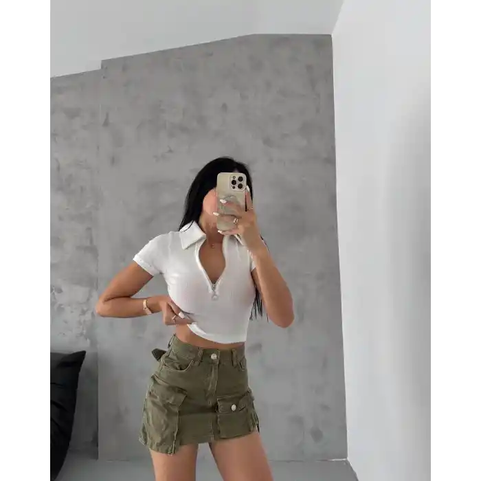 kaşkorse yaka fermuarlı bluz beyaz