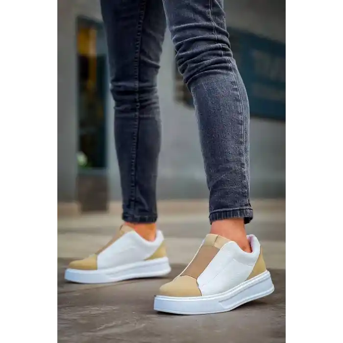 KB-007  Kuback  Beyaz Bej Yüksek Taban Tek Bant Bağcıksız Günlük Erkek Ayakkabı