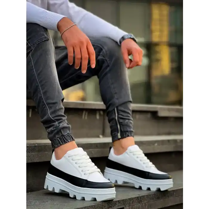 KB-056 Kuback Beyaz Siyah Detaylı Beyaz Yüksek Taban Günlük Spor Ayakkabı