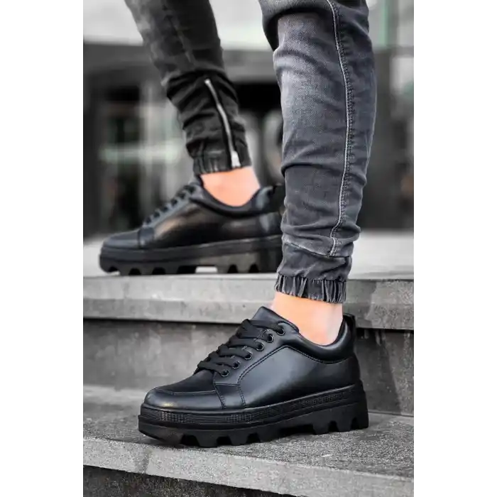 KB-056 Kuback Siyah Cilt Siyah Yüksek Taban Günlük Spor Ayakkabı