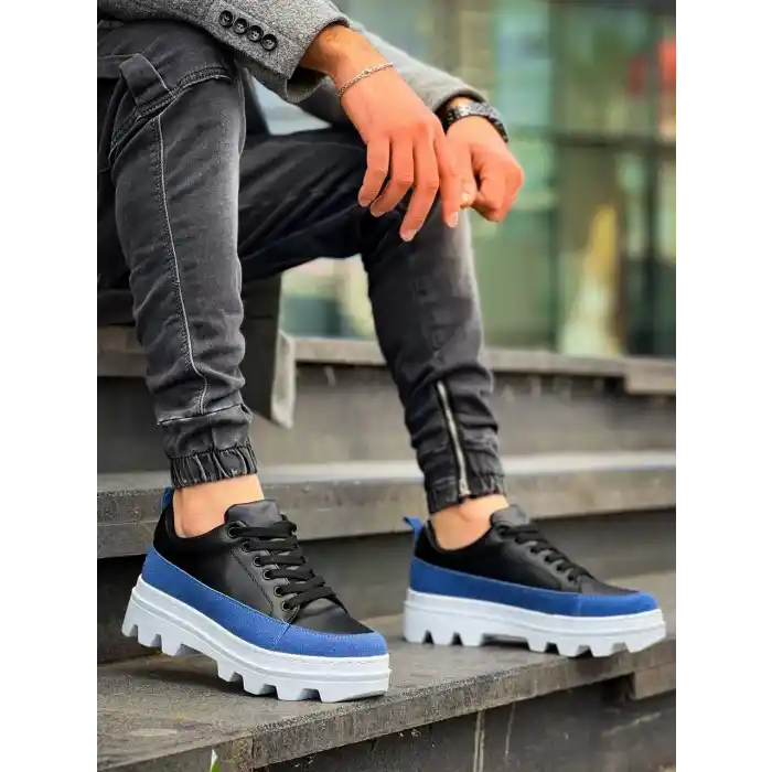 KB-056 Kuback Siyah Mavi Detaylı Beyaz Yüksek Taban Günlük Spor Ayakkabı