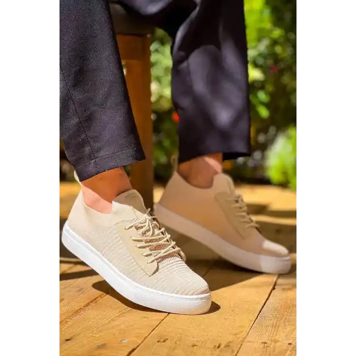 KB-110  Kuback Bej Triko Yüksek Taban Bağcıklı Günlük Erkek Ayakkabı