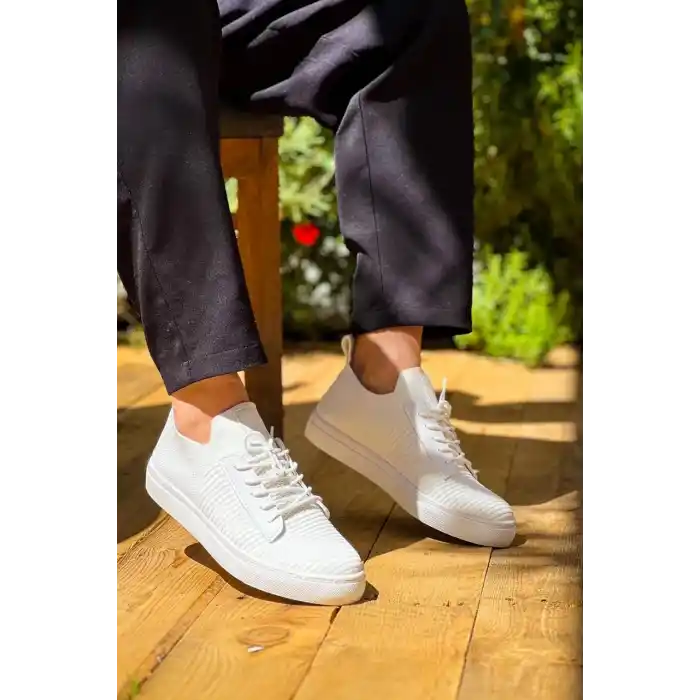 KB-110  Kuback Beyaz Triko Yüksek Taban Bağcıklı Günlük Erkek Ayakkabı