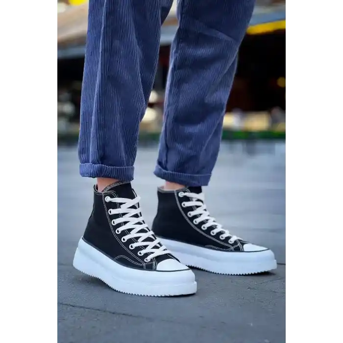 KB-CX-3 Kuback Uzun Siyah Keten Beyaz Yüksek Taban Spor Ayakkabı