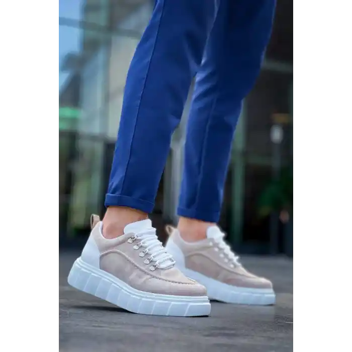 KB-X10 Kuback Bej Süet Beyaz Yüksek Taban Günlük Spor Ayakkabı