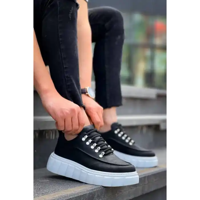 KB-X10 Kuback Siyah Cilt  Beyaz Yüksek Taban Günlük Spor Ayakkabı