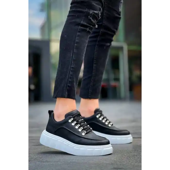 KB-X10 Kuback Siyah Cilt  Beyaz Yüksek Taban Günlük Spor Ayakkabı