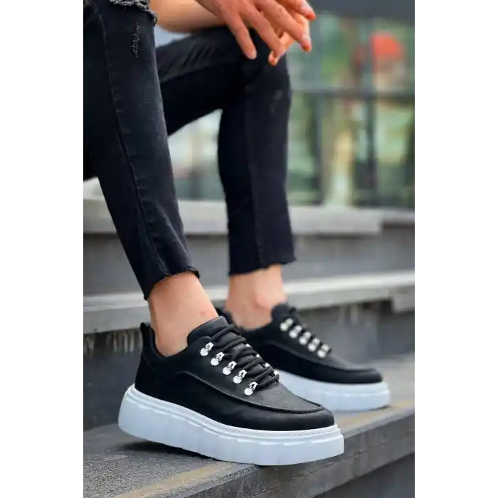 KB-X10 Kuback Siyah Cilt  Beyaz Yüksek Taban Günlük Spor Ayakkabı