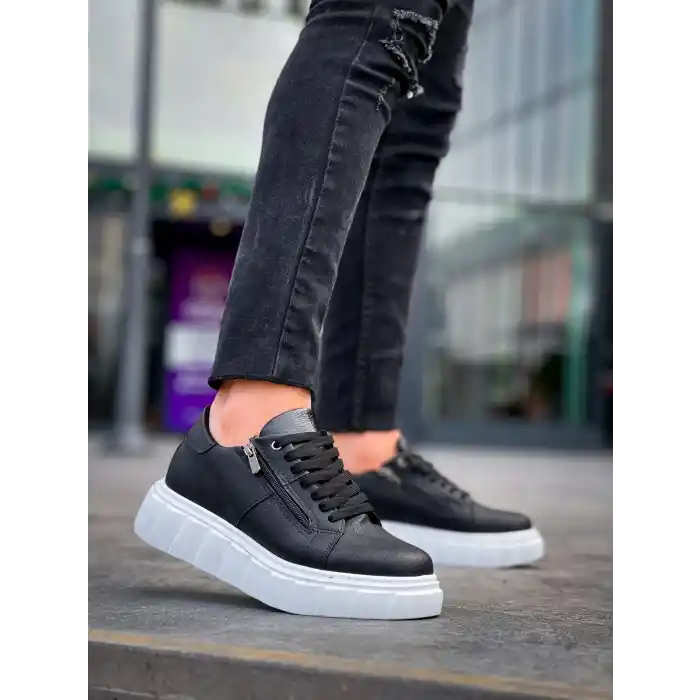 KB-X155 Kuback Siyah Cilt Detaylı Beyaz Yüksek Taban Günlük Spor Ayakkabı