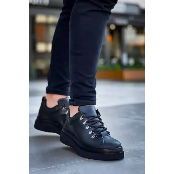 KB-X4  Kuback Siyah Cilt Siyah Yüksek Taban Bağcıklı Günlük Erkek Ayakkabı