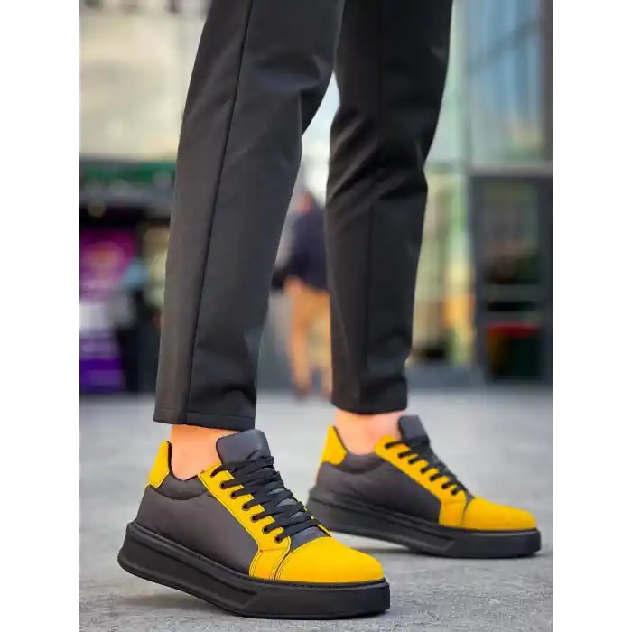 KB-X46 Kuback Siyah Sarı Yüksek Siyah Taban Günlük Spor Ayakkabı