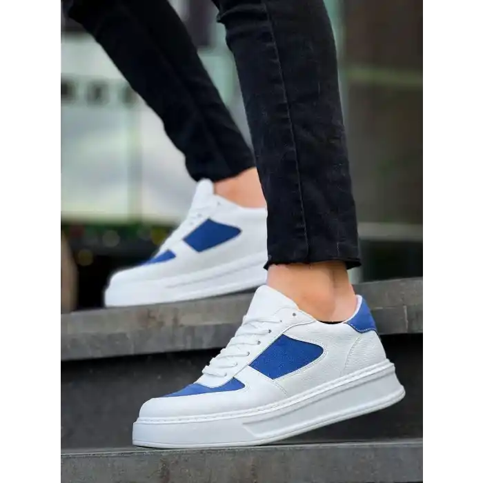 KB-X8 Kuback Beyaz Cilt Mavi Süet Detaylı Beyaz Yüksek Taban Günlük Spor Ayakkabı