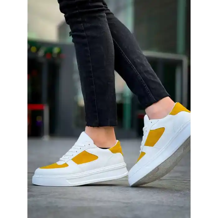 KB-X8 Kuback Beyaz Cilt Sarı Süet Detaylı Beyaz Yüksek Taban Günlük Spor Ayakkabı