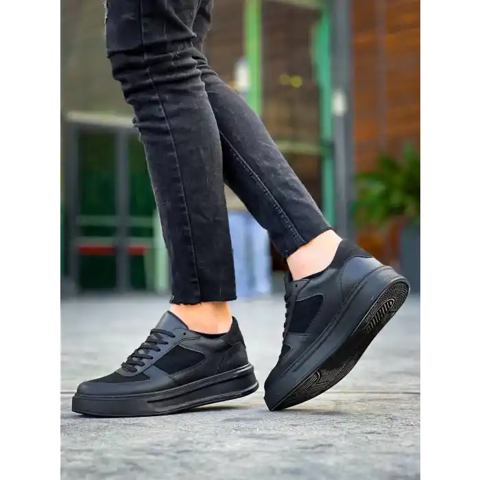 KB-X8 Kuback Siyah Cilt Siyah Süet  Detaylı Siyah Yüksek Taban Günlük Spor Ayakkabı