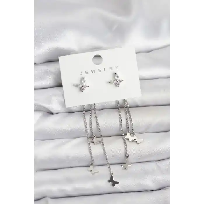 Kelebek Model Gümüş Renk Pirinç Sallantılı Kadın Küpe