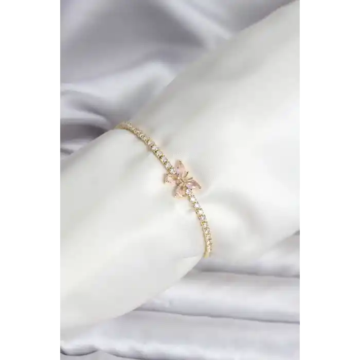 Kelebek Model Zirkon Taşlı Gold Renk Pirinç Su Yolu Kadın Bileklik