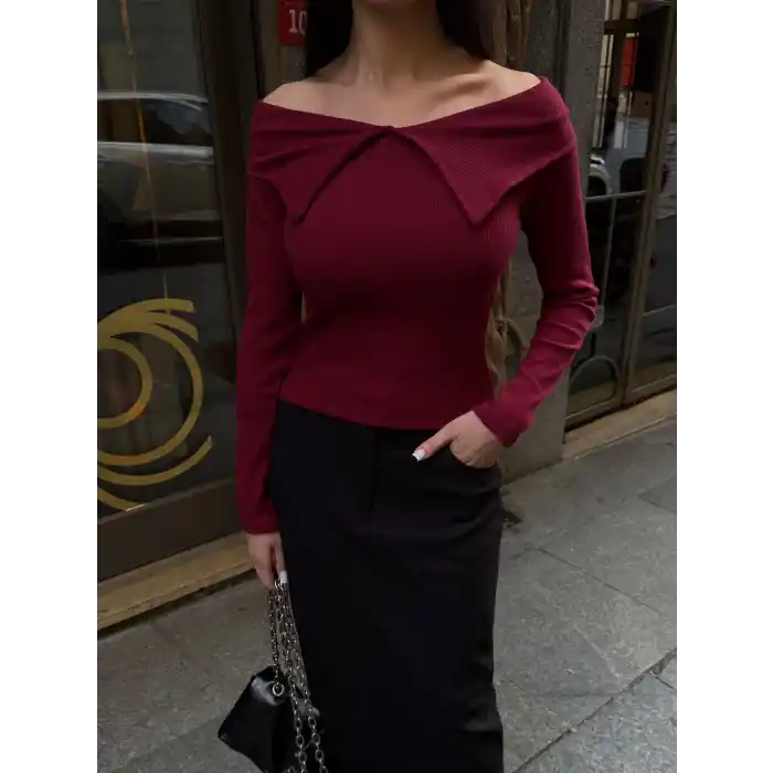 Kelebek yaka uzun kol bluz bordo