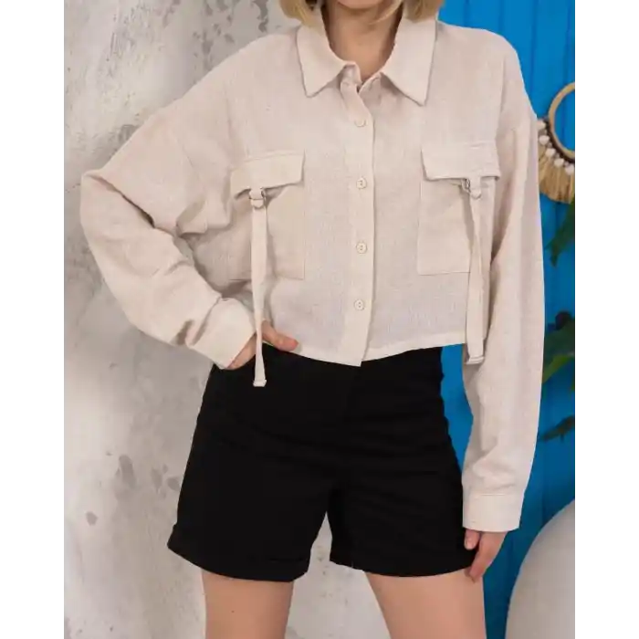 Kemer cepli keten crop gömlek krem s255350