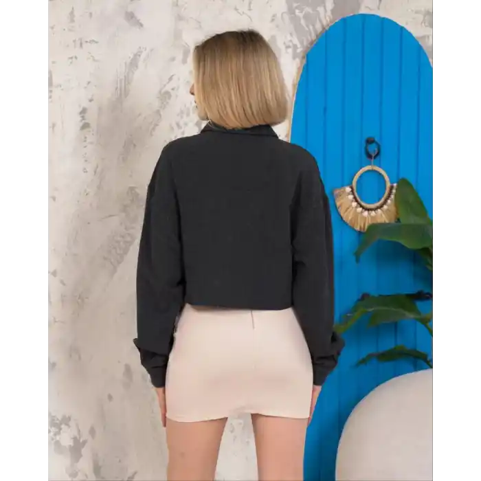 Kemer cepli keten crop gömlek siyah s255350