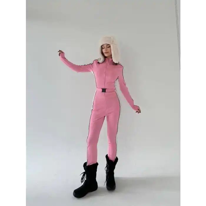 Kemer Detaylı Fermuarlı Tulum - Pembe