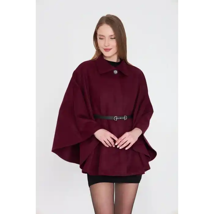 Kemerli kaşe panço bordo pt