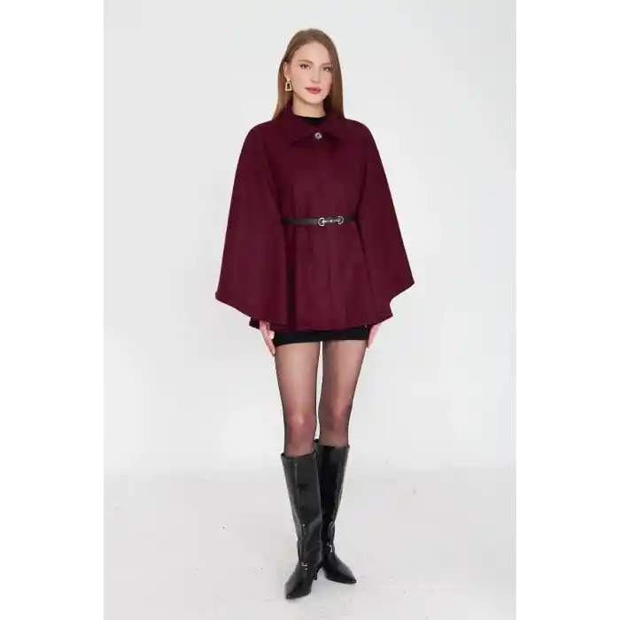 Kemerli kaşe panço bordo pt