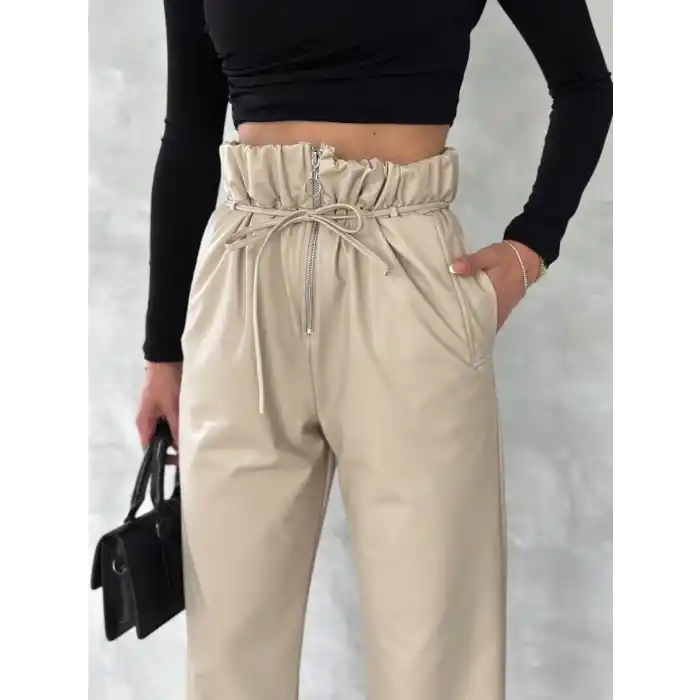 Kendinden ince kemerli deri pantolon bej t1178