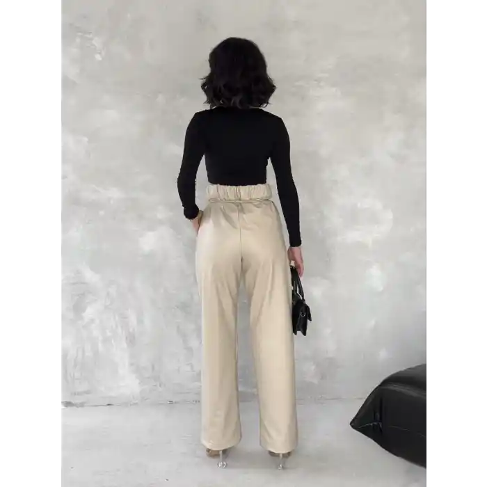 Kendinden ince kemerli deri pantolon bej t1178