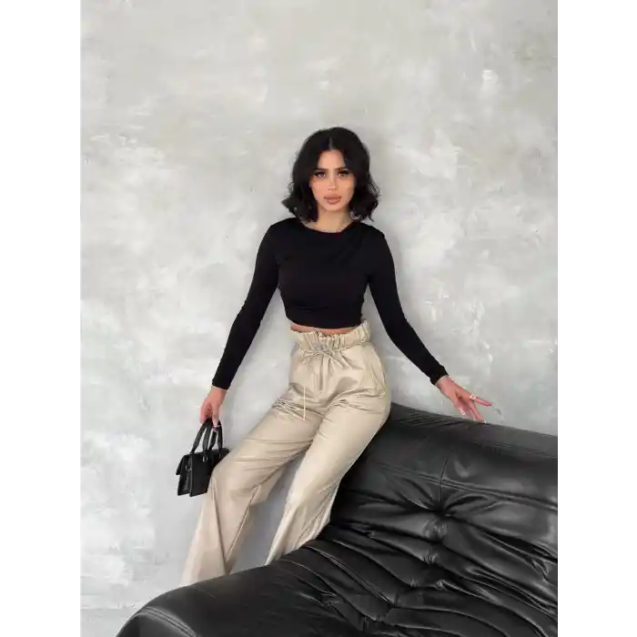 Kendinden ince kemerli deri pantolon bej t1178