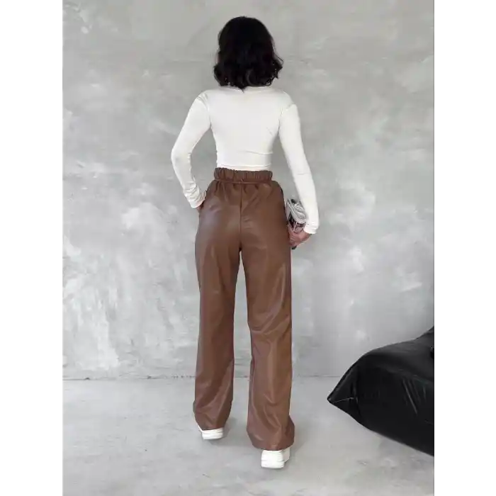 Kendinden ince kemerli deri pantolon kahve t1178