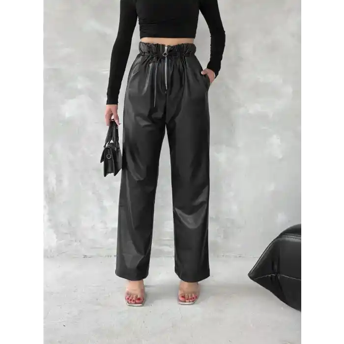 Kendinden ince kemerli deri pantolon siyah t1178