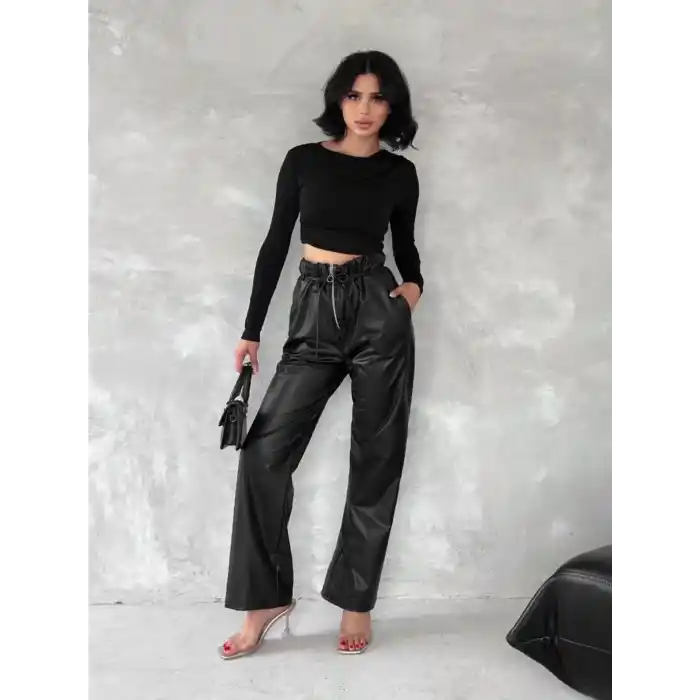 Kendinden ince kemerli deri pantolon siyah t1178