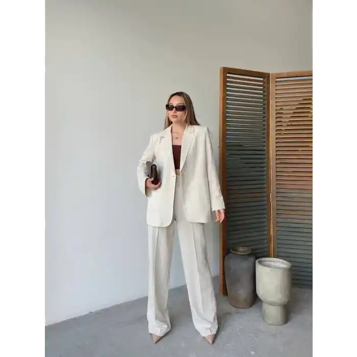 Keten Ceket Pantolon İlik Düğmeli Uzun Kollu Yırtmaçlı ikili Takım - Beyaz