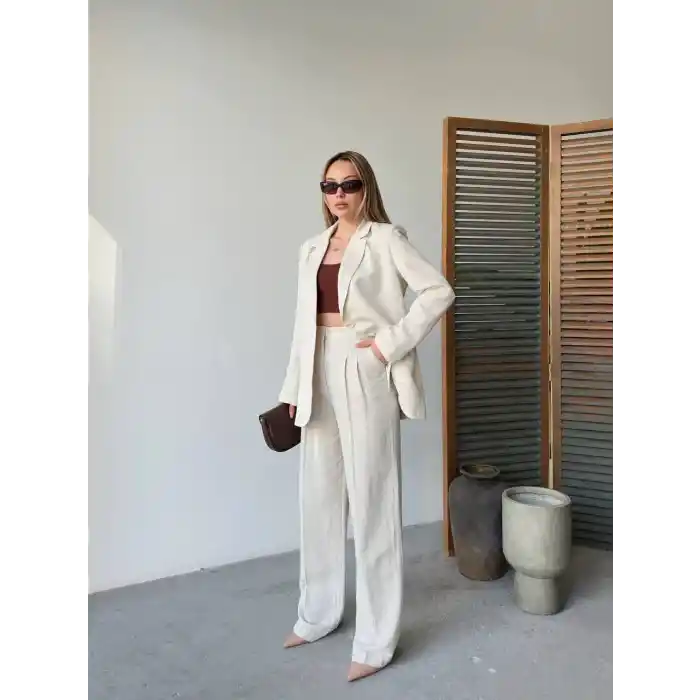 Keten Ceket Pantolon İlik Düğmeli Uzun Kollu Yırtmaçlı ikili Takım - Beyaz