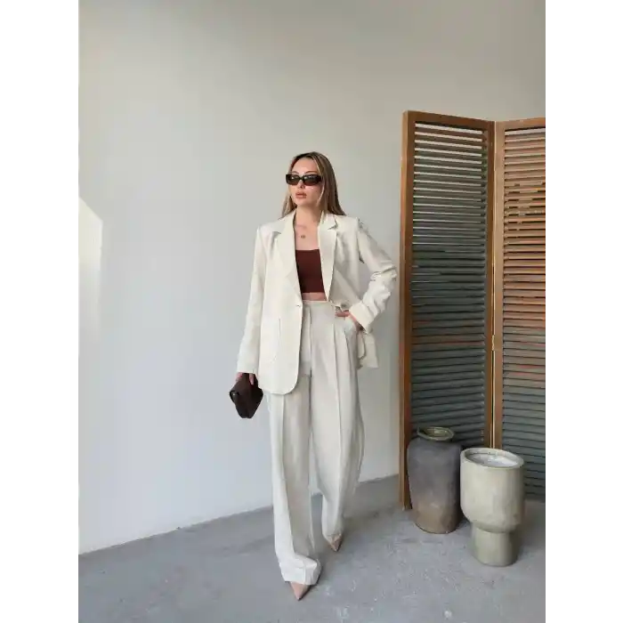Keten Ceket Pantolon İlik Düğmeli Uzun Kollu Yırtmaçlı ikili Takım - Beyaz