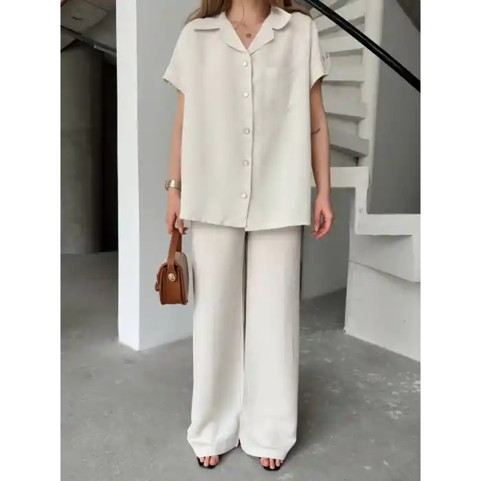 Keten Kısa Kollu Cepli Gömlek Pantolon ikili Takım - Beyaz